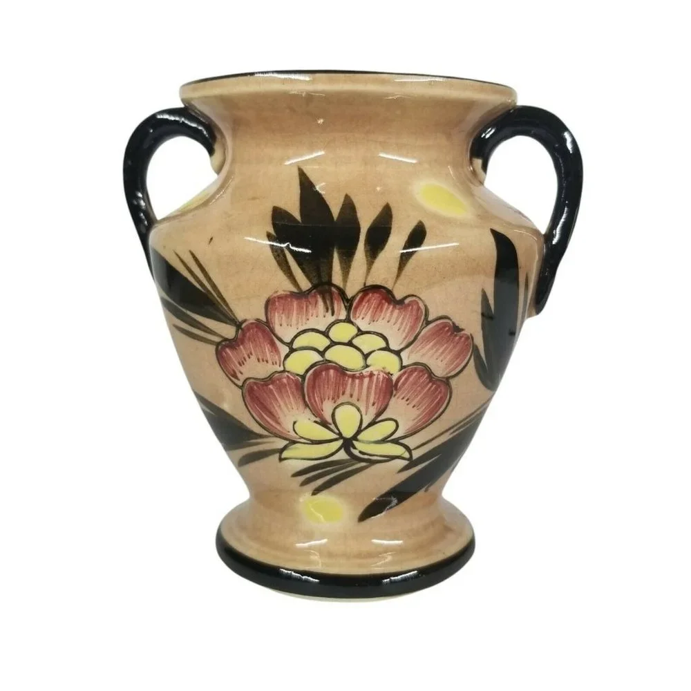 Vintage Double Handle Vase Made In Japan Flowers Floral Black Red Yellow Small